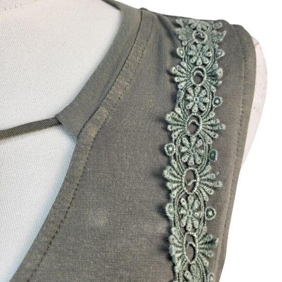NEW POL Small Olive Tunic Top Cotton Blend Crochet Lace Eyelet Peplum Tie Neck - Picture 8 of 16